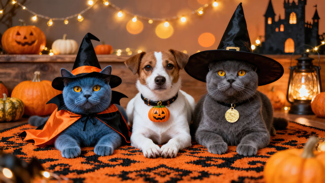 Group of pets in Halloween costumes, including a dog in a bat costume and a cat in a witch's hat, surrounded by festive holiday decorations, halloween holiday festive image design