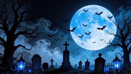 Fototapeta premium A graveyard with a cross and two cemeteries with a full moon in the background, halloween holiday festive image design