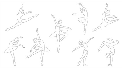 Set of continuous line drawings of ballerinas in various dance poses isolated on white background. © Uttpol Saha