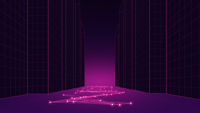 Abstract 3D Wireframe Cyber City Skyline Smart Boulevard Neon Magenta Widescreen Background