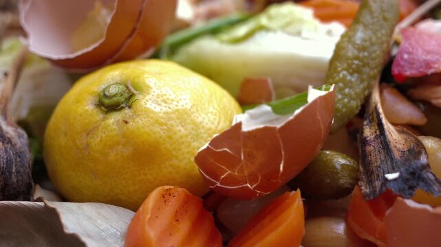 Close-up of discarded food scraps including lemon, eggshells, vegetable peels and other kitchen waste, showing organic household waste before disposal. High quality 4k footage