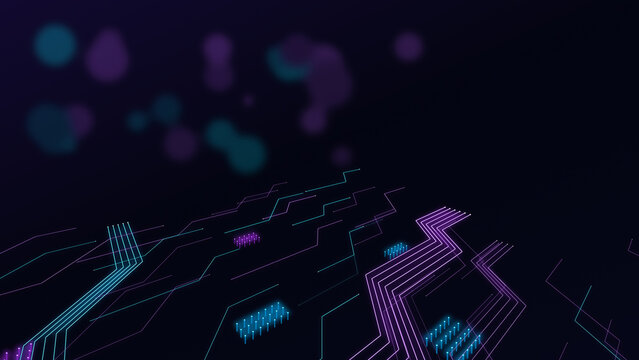 Isometric 3D Microchip Circuit Board Cyber Violet Cyan Widescreen Background