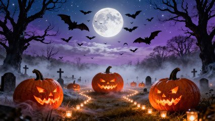 Fototapeta premium Eerie Halloween Night - Glowing Jack-o-Lanterns Under a Full Moon with Silhouetted Trees and Flying Bats., halloween holiday festive image design