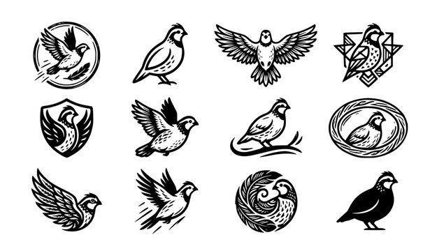 Bobwhite Quail Bird Logo Symbol Collection with Flying Wildlife Emblems Hand Drawn Vector Signs Icons and Branding Templates
