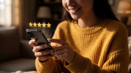 Fototapeta premium Smiling young woman uses smartphone at home to leave five stars review. Happy customer gives high rating, positive feedback on mobile app. Person shares opinion about service product quality using