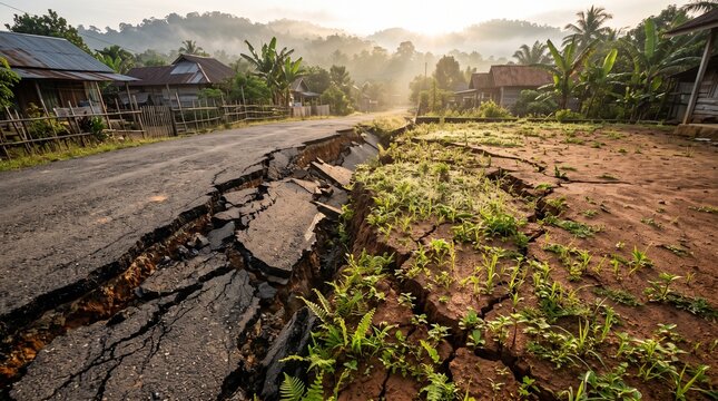 Devastated Village Road After Powerful Earthquake Splits The Ground Amidst Lush Greenery and Misty