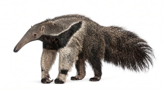Giant anteater walking across a clean white surface while displaying its long snout and bushy tail.