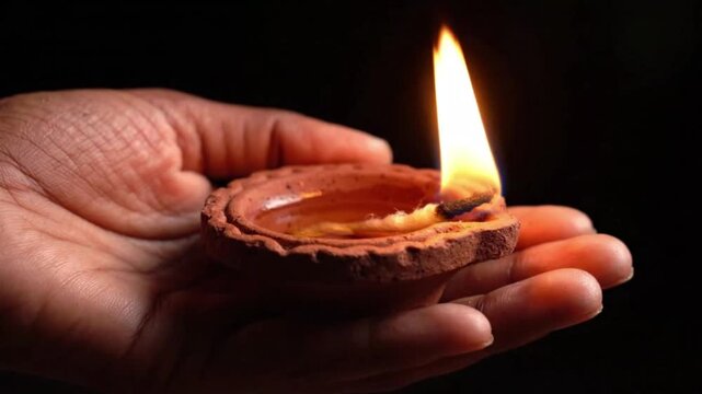 Close Up of Hand Holding Lit Clay Diya Lamp for Diwali Celebration