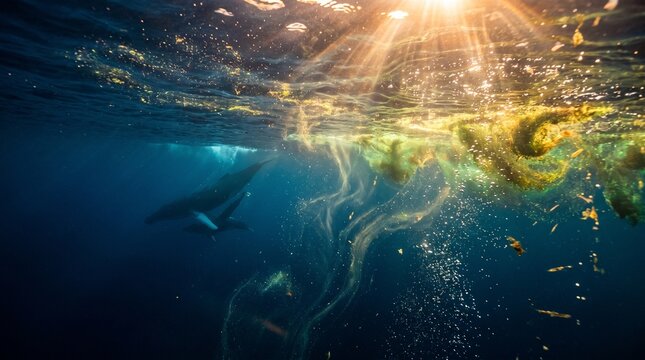 Majestic whale glides through sun-dappled ocean depths alongside swirling kelp and shimmering