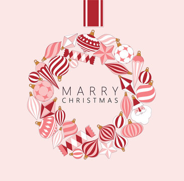 Christmas wreath composed of large shiny glass ornaments toys and decorative baubles drawing on light pink background