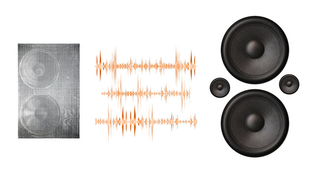  Altavoces del sistema de sonido de audio con ondas PNG transparentes. Conjunto de altavoces de audio, ondas sonoras y gr&aacute;ficos ecualizadores aislados sobre fondo PNG transparente.