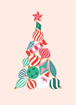 Christmas tree creative concept composed of large colorful shiny glass baubles and festive holiday ornaments drawing on beige background