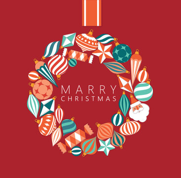 Christmas wreath composed of large shiny glass ornaments toys and decorative baubles drawing on red background