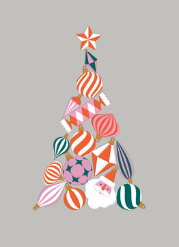 Christmas tree creative concept composed of large colorful shiny glass baubles and festive holiday ornaments drawing on grey background