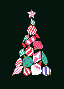 Christmas tree creative concept composed of large colorful shiny glass baubles and festive holiday ornaments drawing on green background