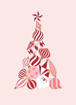 Christmas tree creative concept composed of large colorful shiny glass baubles and festive holiday ornaments drawing on light pink background