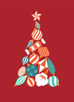Christmas tree creative concept composed of large colorful shiny glass baubles and festive holiday ornaments drawing on red background