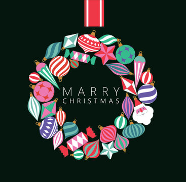 Christmas wreath composed of large shiny glass ornaments toys and decorative baubles drawing on green background