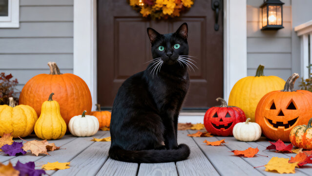 Halloween cat amidst carved pumpkins and autumn leaves on porch provides festive feeling. Halloween cat enjoys pumpkins placed on porch, Halloween themed decoration is great for fall season.