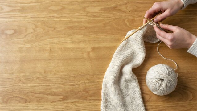 Hands knitting a long cream fabric beside a yarn ball on a wooden table