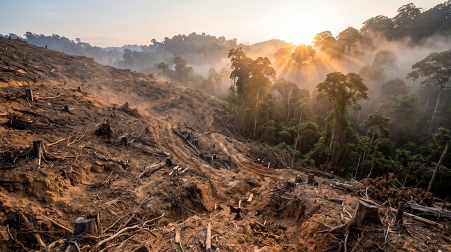 Sunrise light beams over a deforested hillside in a tropical rainforest environment