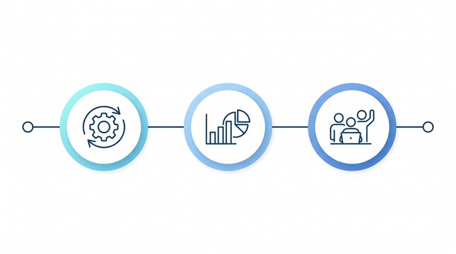 Three step process infographic with circular icons arranged in a horizontal line on white background