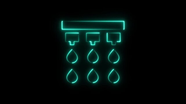 Glowing neon blue shower head icon with falling water drops on a black background