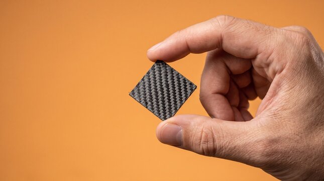 Hand Holding Carbon Fiber Composite Material Sample Against Orange Background