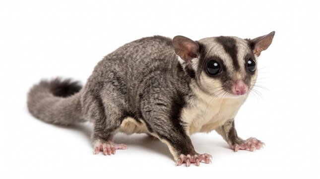 Sugar glider perched on a white background.