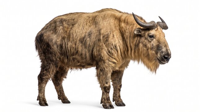 Takin standing against a solid white background.
