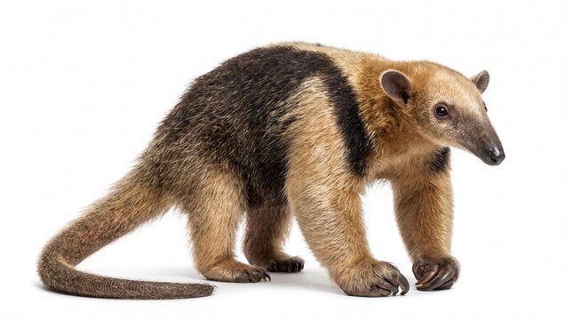 Collared anteater walks across a plain white surface displaying its distinctive dark vest pattern and long curved snout.