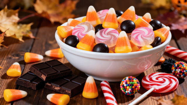 A close-up shot of various Halloween candies, offering a delightful array of treats, with a rustic table and autumn leaf as a backdrop., halloween holiday festive image design
