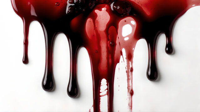 Thick dark red liquid dripping down on a smooth reflective surface.
