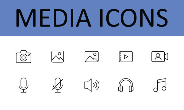 media icon line style multimedia camera video audio editable stroke vector set