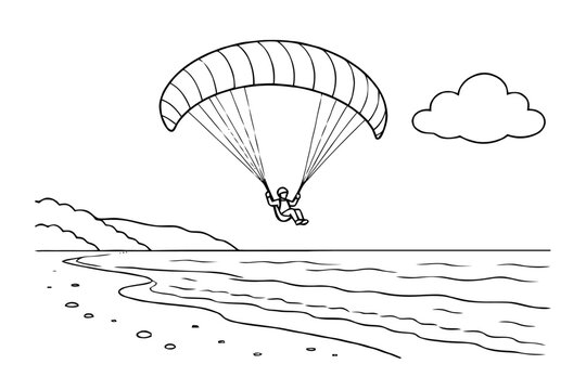 Paraglider Over a Beach: A simple line drawing depicts a person paragliding over a calm ocean and a pebble beach, with a single cloud in the sky.