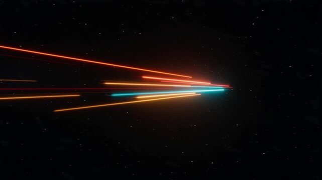 Abstract digital background with glowing blue, orange, and red rectangular light bars and streaks moving across a dark space.
