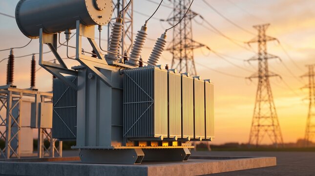 High voltage transformer with ceramic bushings and cooling fins at electrical substation during warm sunset