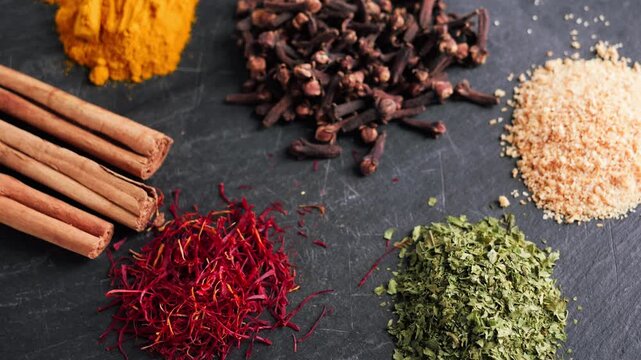 Close-up of a hand picking up cinnamon sticks among cloves, saffron threads, turmeric and other spices on a dark surface. Aromatic ingredients for cooking and baking. High quality 4k footage