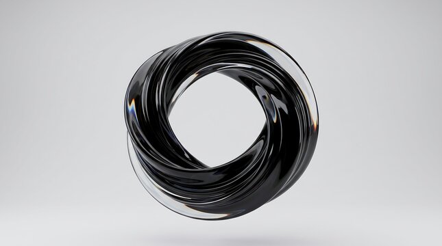 Abstract black glass torus shape with twisted liquid surface on a