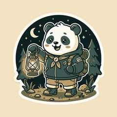 Cute Panda Hiker with Lantern in Forest at Night © moh