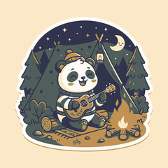 Cute Panda Playing Guitar at Campsite Under Starry Night © moh