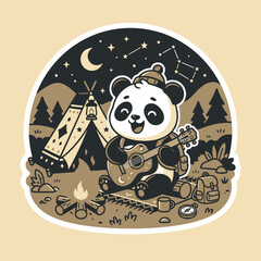 Cute Panda Playing Guitar Camping Under Stars © moh