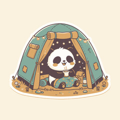 Cute Panda Enjoys Camping Inside Lit Tent © moh