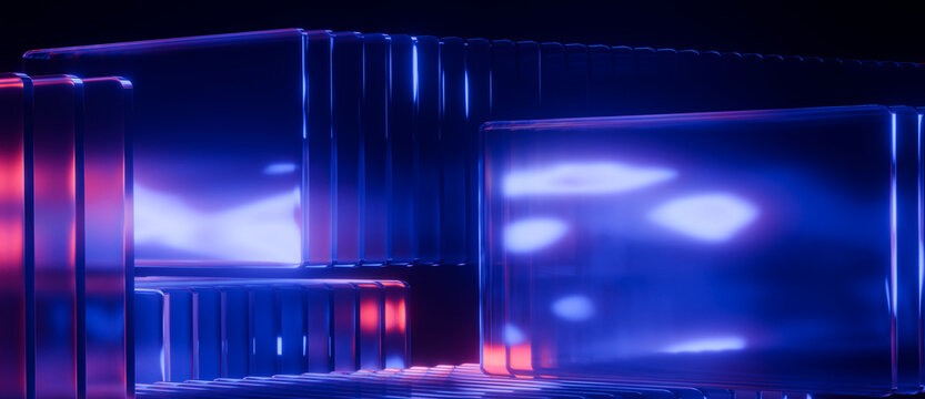Abstract glowing neon wireframe glass cubes on dark wet surface