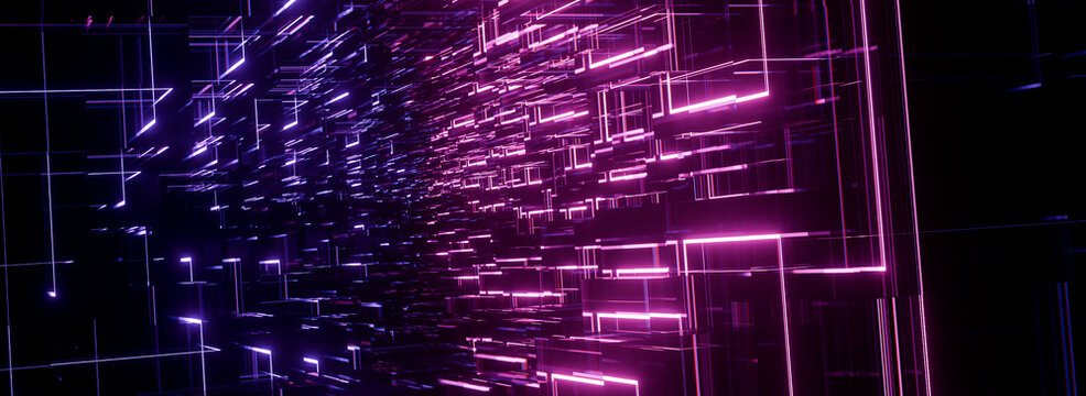 Abstract futuristic cybernetic tunnel with glowing purple and pink laser light lines