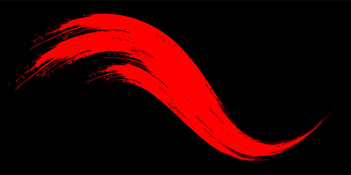 Abstract red paint brush stroke vector isolated on black background, Japanese grunge ink swoosh texture illustration.