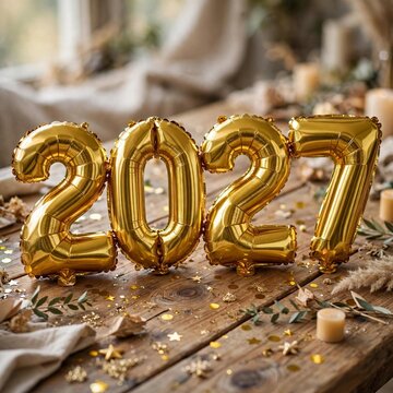 Shiny metallic gold foil balloons forming number 2027 resting on rustic wooden table, scattered golden star confetti, greenery sprigs and candles, soft natural window light with blurred background, lu