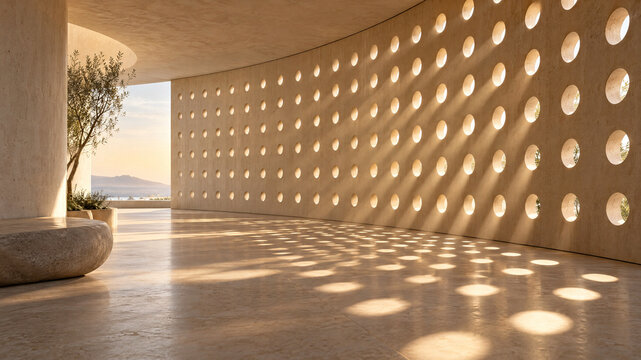 Modern architectural wall with circular perforation pattern, sunlight casting dot shadows in luxury stone corridor, minimalist beige design space