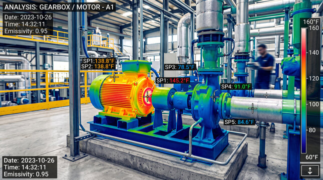 Industrial thermal camera visualization revealing heat distribution across machinery, symbolizing infrared inspection, temperature monitoring, predictive maintenance, equipment diagnostics, and coolin