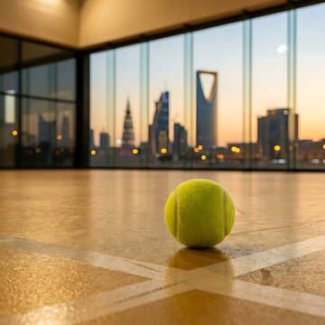 Tennis ball on indoor court with riyadh skyline view